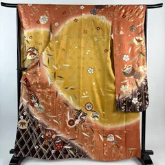 振袖 身丈165.5cm 裄丈65.5cm M 袷 蝶 桐 金彩 ぼかし オレンジ 正絹 秀品 【中古】