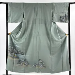 付下げ 身丈151cm 裄丈64cm M 袷 樹木 山並み 金彩 ぼかし 灰緑 正絹 秀品 【中古】