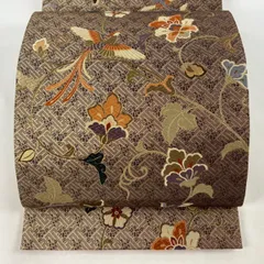【美品】 袋帯 秀品 鳥 花唐草 唐織 箔 金茶 六通 正絹 【中古】