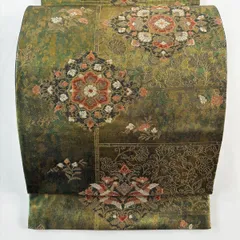 【美品】 袋帯 秀品 華文 向かい鳥 箔 金糸 緑 六通 正絹 【中古】
