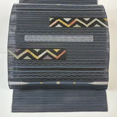 【美品】 名古屋帯 秀品 夏帯 絽 八寸名古屋帯 幾何学模様 よろけ縞 金銀糸 青灰色 正絹 【中古】