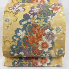 袋帯 秀品 振袖向き 桜 花びら 金糸 箔 金色 六通 正絹 【中古】