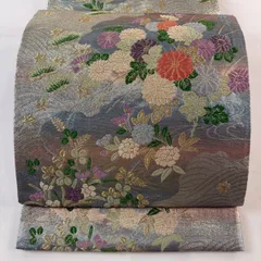 【美品】 袋帯 秀品 琳派絵図 寿松秋草文 波 刺繍 金糸 灰緑 六通 正絹 【中古】
