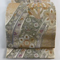 【美品】 袋帯 秀品 向かい鳥 草花 金銀糸 箔 金色 六通 正絹 【中古】