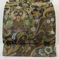 【美品】 袋帯 秀品 向かい鳥 花唐草 金糸 箔 黒 六通 正絹 【中古】