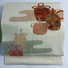 【美品】 名古屋帯 秀品 紬地 お仕覆 ヱ霞 刺繍 薄黄 正絹 【中古】