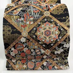 【美品】 袋帯 秀品 菱取花鳥華紋 金糸 唐織 黒 六通 正絹 【中古】