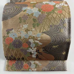 【美品】 袋帯 秀品 草花 流水 唐織 箔 金色 六通 正絹 【中古】