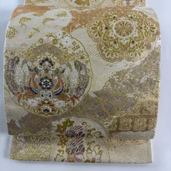 【美品】 袋帯 秀品 正倉院 華文 向かい鳥 金糸 箔 ベージュ 六通 正絹 【中古】