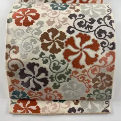 袋帯 秀品 関西仕立て 草木染 花唐草 唐織 クリーム 六通 正絹 【中古】