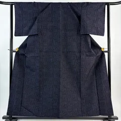 【美品】 紬 身丈157.5cm 裄丈62.5cm S 単衣 証紙 有栖川文 亀甲絣 濃紺 正絹 秀品 【中古】