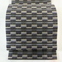 【美品】 袋帯 名品 格子 紫 全通 正絹 【中古】