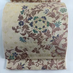 【美品】 袋帯 名品 華文 花唐草 金銀糸 刺繍 ベージュ 六通 正絹 【中古】