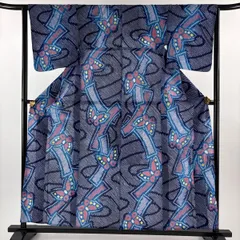 【美品】 浴衣 身丈158.5cm 裄丈63cm S 絞り浴衣 蝶 流水 紺色 正絹 名品 【中古】
