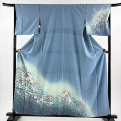 訪問着 身丈157cm 裄丈66.5cm M 袷 辻が花 染め分け ぼかし 水色 正絹 名品 【中古】