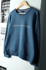 W(L-XL) Tommy Hilfiger トミーヒルフィガー スウェット Tシャツ ブルー 起毛 ビックロゴ-161D7