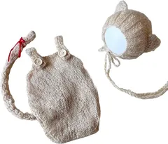 NANA's shop ねこ耳帽子としっぽ付きオーバーオール ニューボーンフォト撮影衣装 猫 月齢フォト (ブラウン６ヶ月(5.5～8キロ))