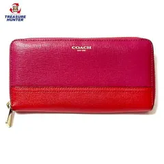 【中古】コーチ バイカラー レザー ラウンドファスナー  長財布 レディース ピンク レッド系 ウォレット COACH 【102046011005】