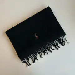 13065 - ポロ ラルフローレン ブラック ウールマフラー (ラムズウール 100%)