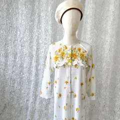 【70sレトロ】花柄シャーリングワンピース 白×イエロー 長袖 マキシ丈 前開き 春夏