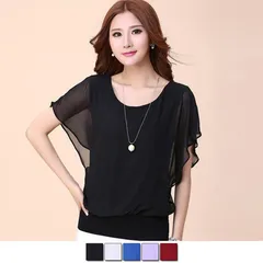 シフォンブラウス 半袖 ラウンドネック ドルマンスリーブ トップス 無地