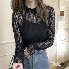 レース ブラウス レディース フリル シースルー トップス 花柄 プチハイネック きれいめ