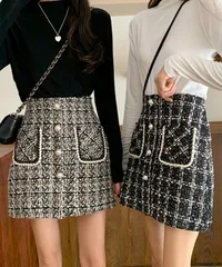 ツイードスカート レディース ハイウエスト チェック柄 ミニスカート 美脚 インナーパンツ付き