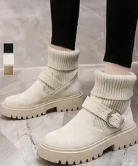 ソックス風 ショートブーツ レディース 2wayニットブーツ バックルベルト 厚底ブーツ