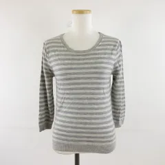 ヒューマンウーマン HUMAN WOMAN ボーダーウールニット 七分袖 グレー 2 M *A836