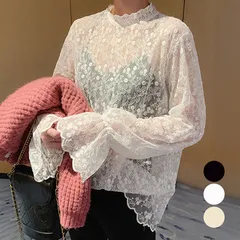 レースブラウス 長袖 レディース プチハイネック シアートップス シースルー オシャレ