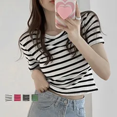 リブ編みニットレディースボーダーTシャツ