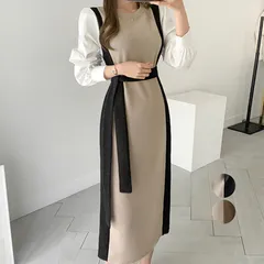 ワンピース 袖切り替え ニットワンピース ロング配色