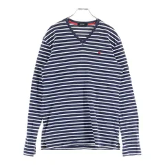 BURBERRY BLACK LABEL (バーバリー ブラックレーベル) ロゴエンブロイダリー Vネック ボーダーカットソー 長袖Tシャツ ネイビー/ホワイト
