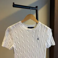 15198 - ポロ ラルフローレン 白 ケーブル 半袖 ニット (ピマコットン)