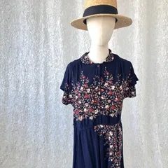 【USA製 ILGWU】ネイビー 小花柄ワンピース 丸襟 フラワープリント 70s 80s レトロ