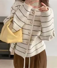 細ボーダーニットカーディガン レディース