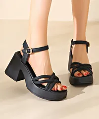 サンダル 厚底太ヒール クロスストラップ