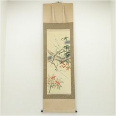 骨董・古美術】中国美術 絹本花卉立軸 掛け軸 木箱付き（花鳥画・書画