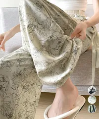 総柄ワイドパンツレディースウエストリボン