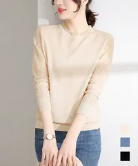 シースルー袖ニット 異素材ニットトップス