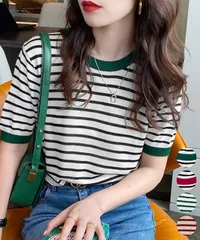 ボーダーニットトップス 半袖 レディース