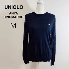 UNIQLO ANYA HINDMARCH メリノクルーネックセーター ネイビー メリノウール 薄手ニット 長袖 カジュアル シンプル 刺繍 M