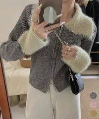 ダブルジップニットカーディガンショート丈　ファーカラー付き リブニットトップス
