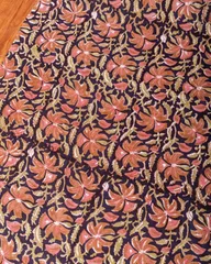 〔1m単位切り売り〕ジャイプル 職人手作り木版染め 色彩美しいボタニカルデザイン〔幅約110cm〕〔ブラック系 更紗柄〕