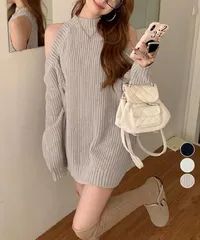 オープンショルダーニットワンピースミニ丈