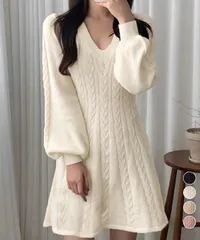 ニットワンピース ケーブル編みミニワンピ