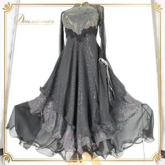 社交ダンス 衣装 スタンダード ドレス ワンピース パーティ衣装 女性用 レディース オールシーズン 黒 ブラック系 長袖 フロート 派手 キラキラ ファッション ドレスアップ パーティー衣装 結婚式 二次会 おしゃれ フェスティバル ステージ衣装 動きやすい