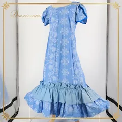 フラダンス 衣装 ワンピース ドレス ブルー系 パフスリーブ ロングワンピース フリル ワントーン 花柄 可愛い 華やか 明るい ふわふわ ハワイアン アロハ ハワイアンプリント フラ ダンス レッスン 練習