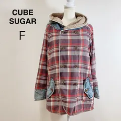 CUBE SUGAR 厚手 裏ボア BIGフード 刺繍 異素材切替 コート チェック柄 デニム レッド カジュアル オーバーサイズ アウター 秋冬 Fのサムネイル