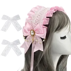 サムコス ロリータ リボン チャーム ロリータ ヘッドドレス ロリータ 髪飾り カチューシャ レース 蝶結び 萌え キュート かわいい コスプレ lolita メイドカフェ (ピンク) ブランド: サムコス